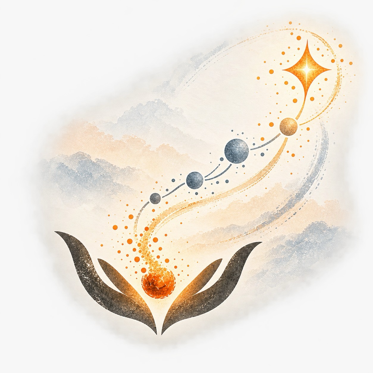 Abstract growth artwork in orange, charcoal and soft blue